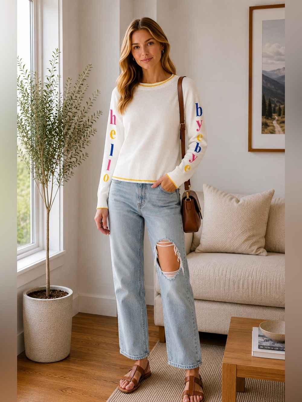 Boden Hello Bye Bye Pullover Sweater off white size large